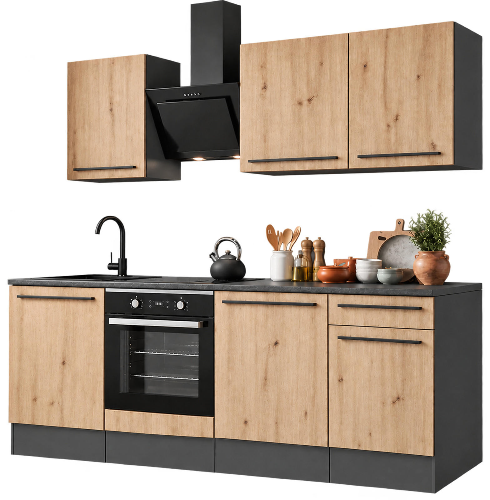 KÜCHENZEILE Eiche Artisan, Grau 7-teilig 220 x 210 cm, Küchenschrank Set mit viel Stauraum - Anthrazit/Eiche Artisan, Holzwerkstoff (220/210/60cm) - Inn.Furn