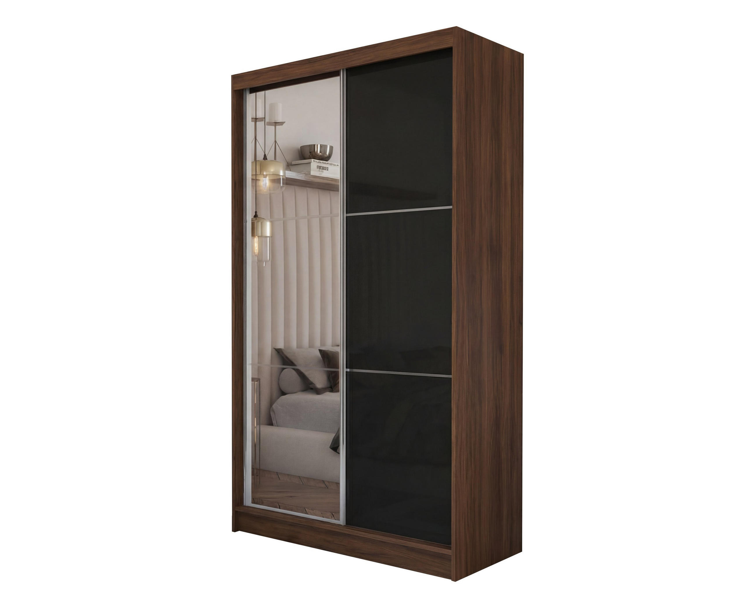 SCHWEBETÜRENSCHRANK VITALE 120/216/61 cm Modern Kleiderschrank 2-türig mit Spiegel Nussbaumfarben - Nussbaumfarben/Schwarz, Holzwerkstoff (120/216/61cm) - MASSENO