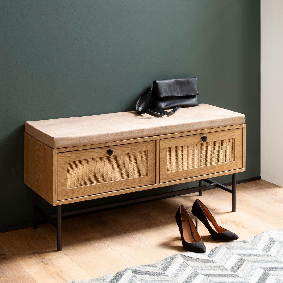 SCHUHBANK – 100x48x38 cm, Eiche-Dekor, Sitzfläche Stoff, mit Schubladen - Beige/Schwarz, Textil/Metall (100/48/38cm) - KADIMA DESIGN