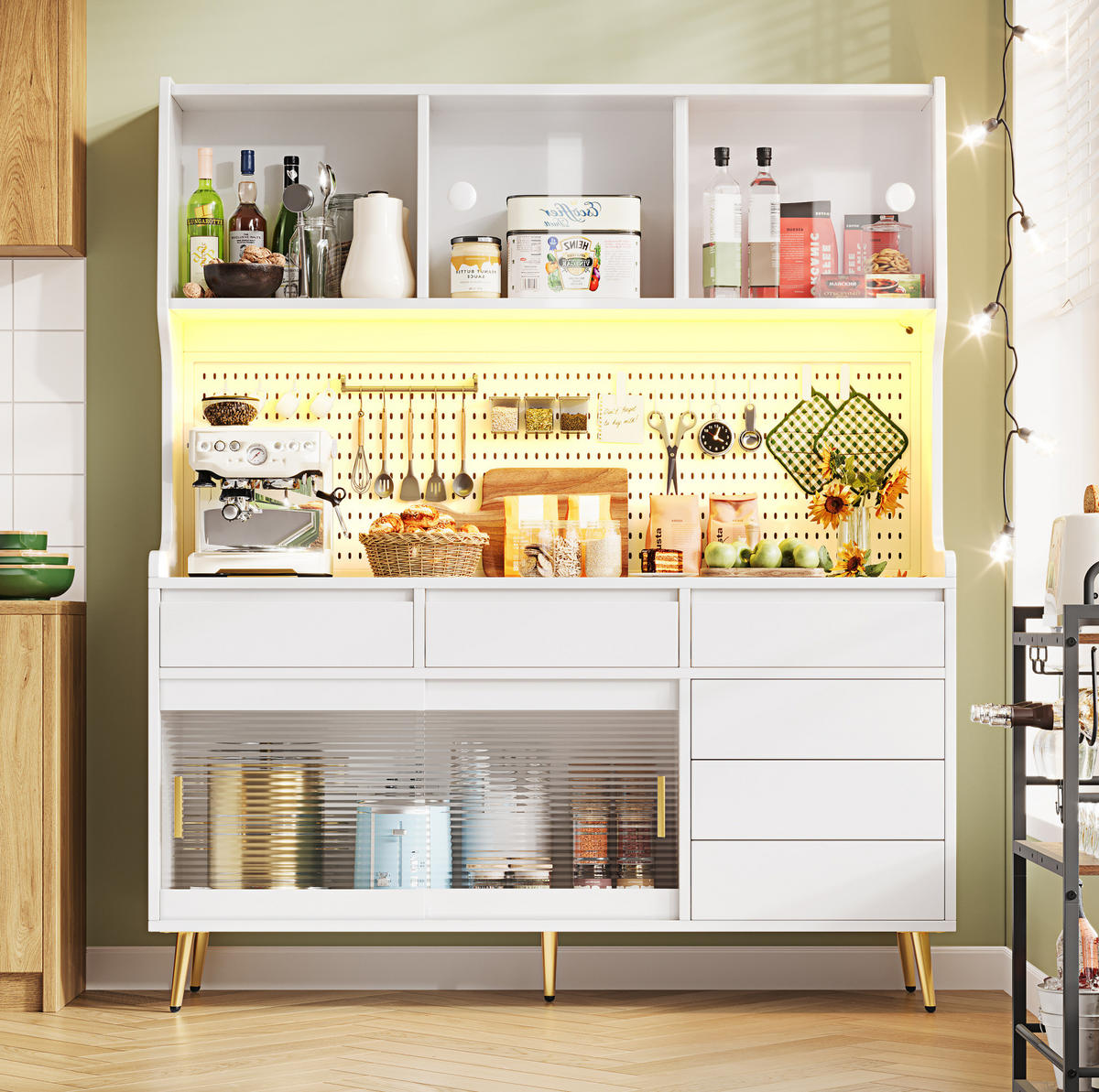 BUFFET 145/171/39 cm Weiß aus MDF und Glas mit LED-Beleuchtung - Weiß, Holzwerkstoff (39/171/145cm) - OKMYHOME