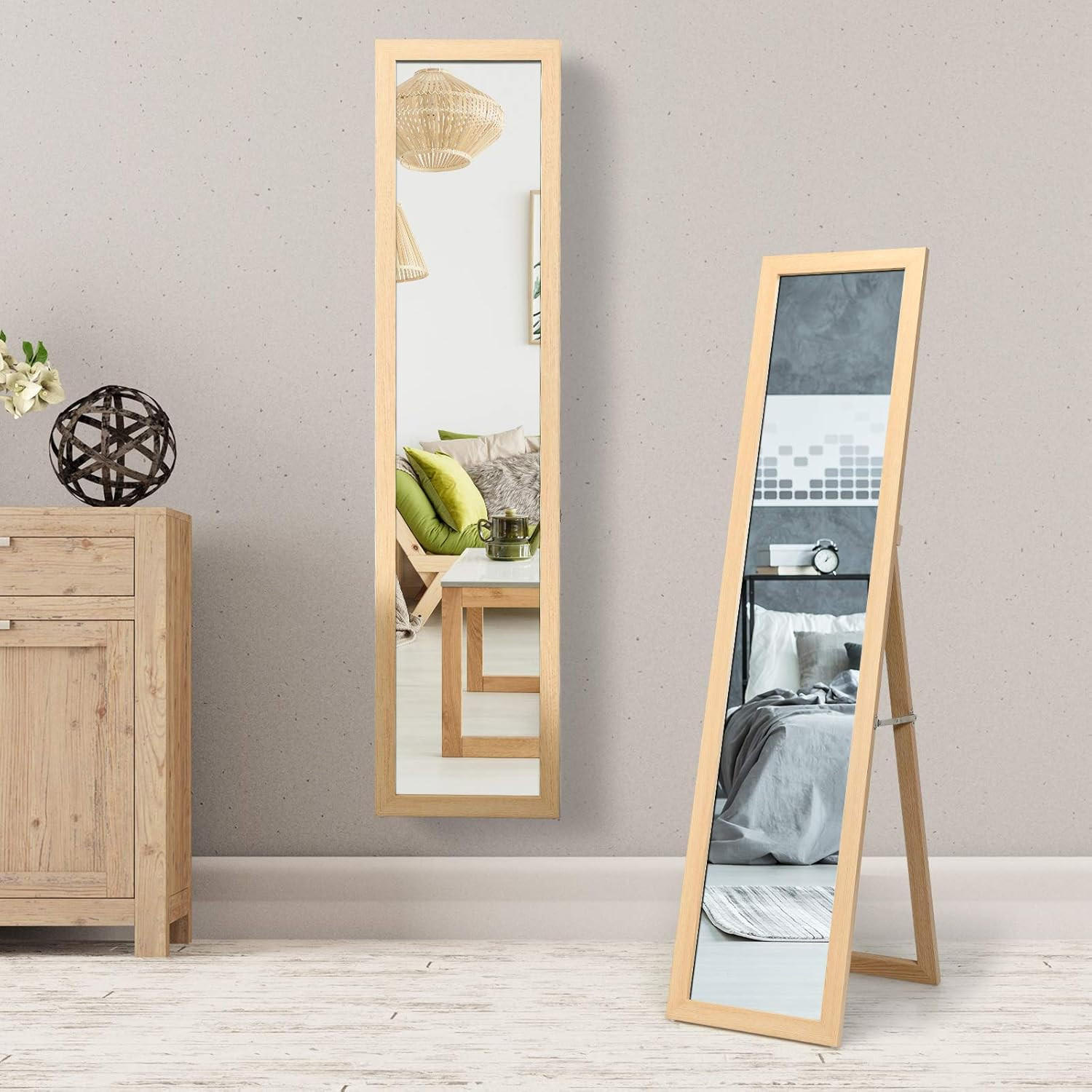 STANDSPIEGEL mit Holzrahmen Holz - Naturfarben, Glas (50/155/37cm) - COSTWAY