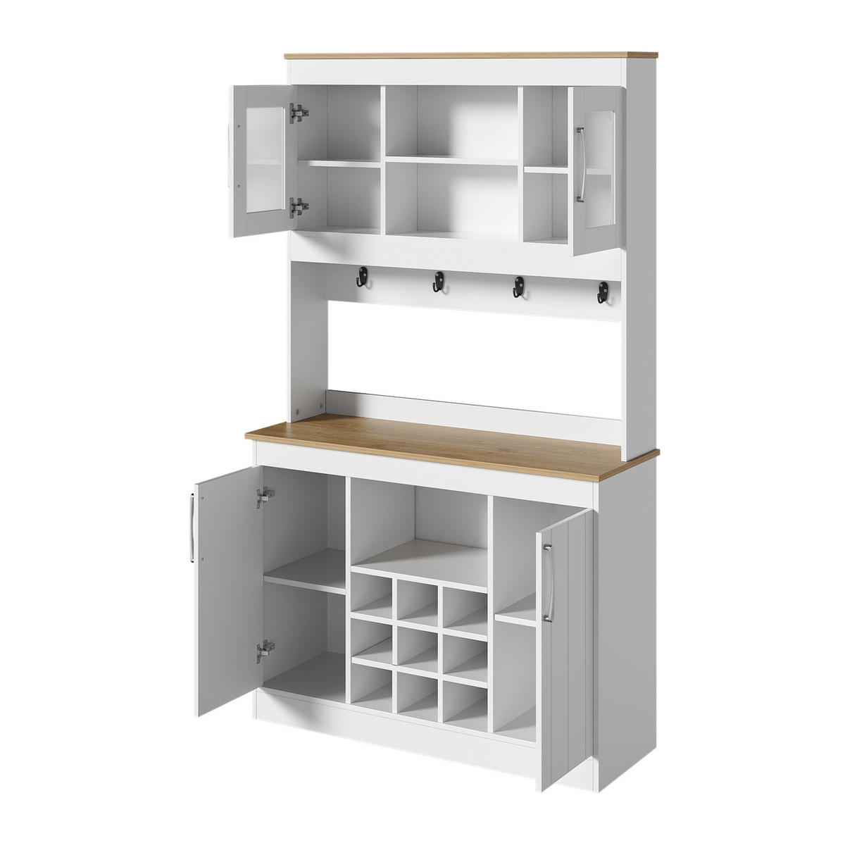 KÜCHENBUFFET aus Spanplatte 106x39x175 cm Weiß und Naturholzfarbe mit Glastüren, Weinregal und Hakenleiste - Weiß, Holzwerkstoff (106/175/39cm) - IVMEU