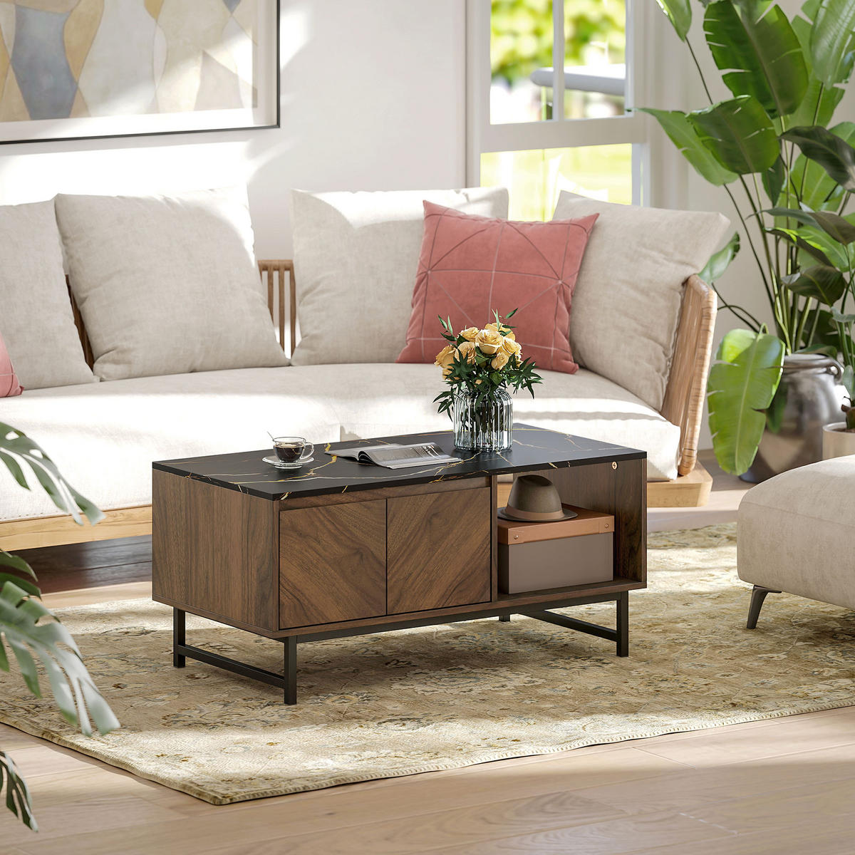 COUCHTISCH DE-15801 mit 2 Türen & 2 offenen Fächern Nussbaum - Walnussfarben, Holzwerkstoff (100/50.8/45.7cm) - ComfortXL