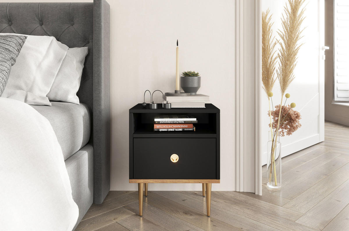 NACHTTISCH Harmoni, Schwarz, Eiche, Goldene Details - Goldfarben/Schwarz, Holzwerkstoff/Metall (44/54/38cm) - Skandica