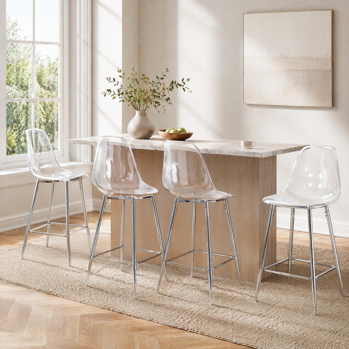 BARHOCKER mit transparentem Kunststoffsitz, silberfarbenem Metallgestell und Fußstütze - Silberfarben, Kunststoff (45/102/51cm) - MIVRAY