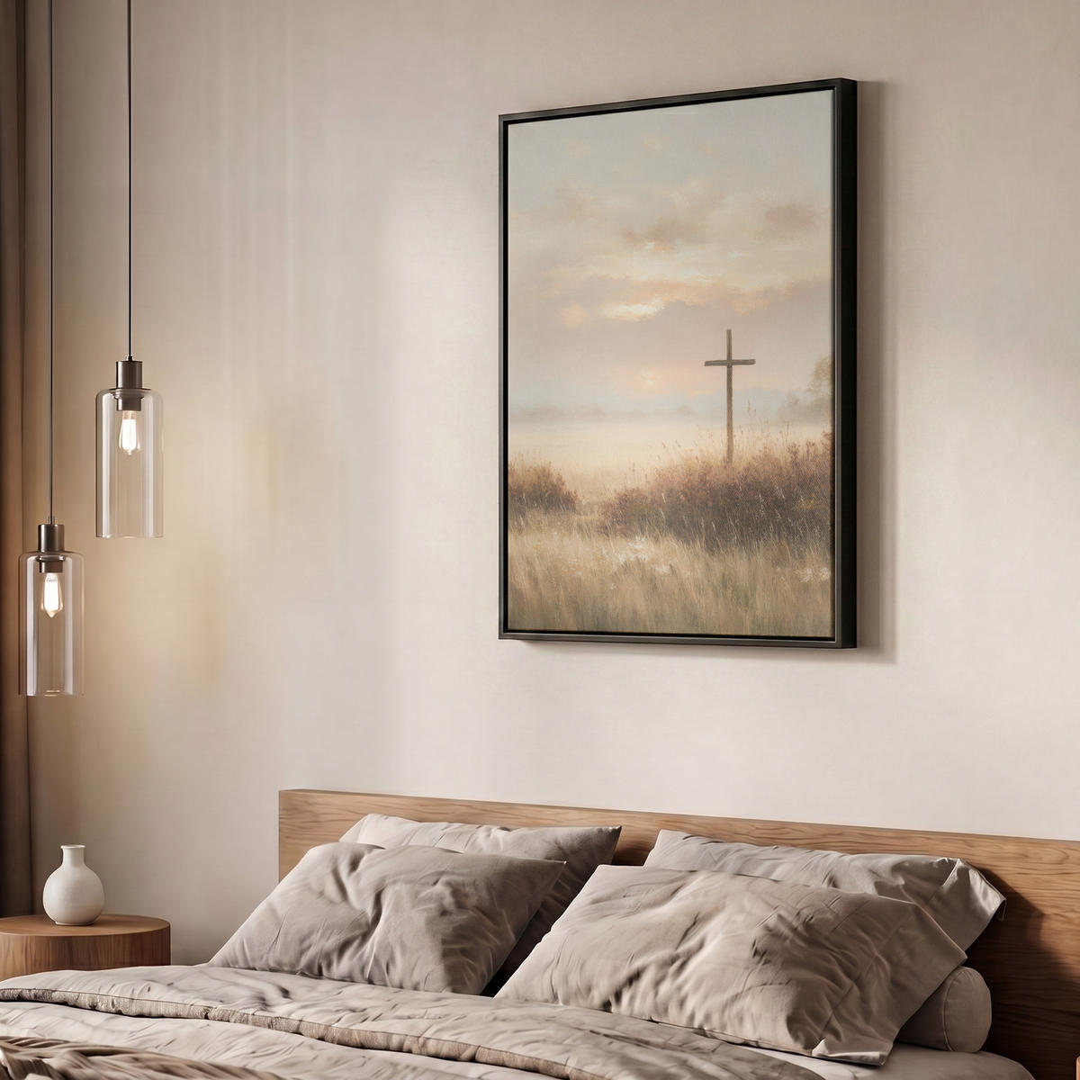 LEINWAND Bilder mit Rahmen - Gras - Morgennebel - Kreuz - Christentum - 60x80 - Beige, Textil (60/80cm) - MuchoWow