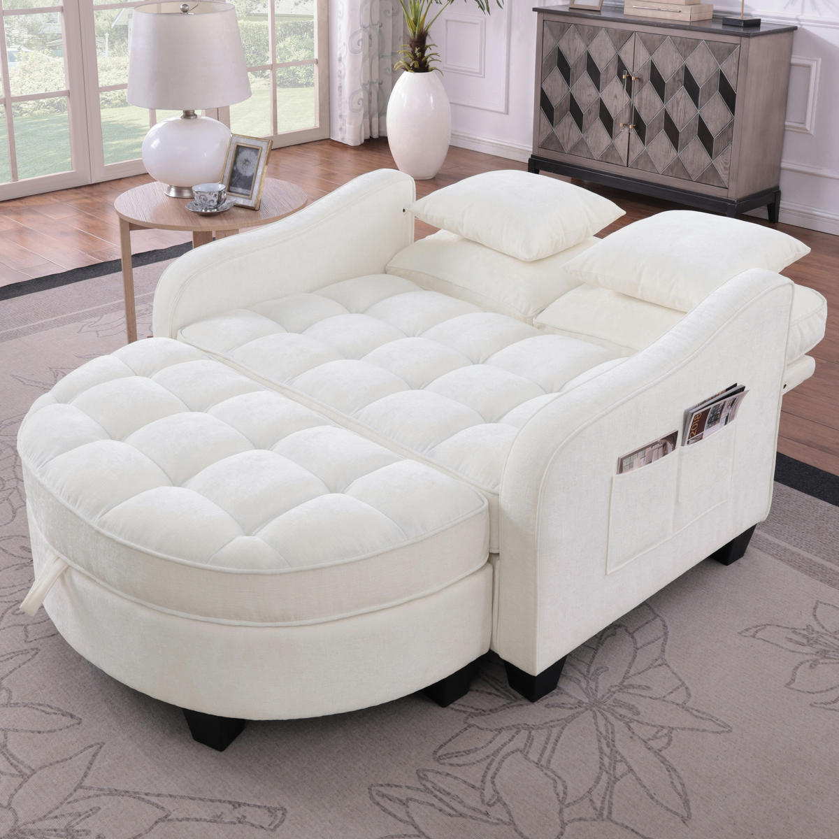 SCHLAFSOFA 2-in-1 mit Hocker und Stauraum, Beige - Beige, Holz (132/93/129cm)