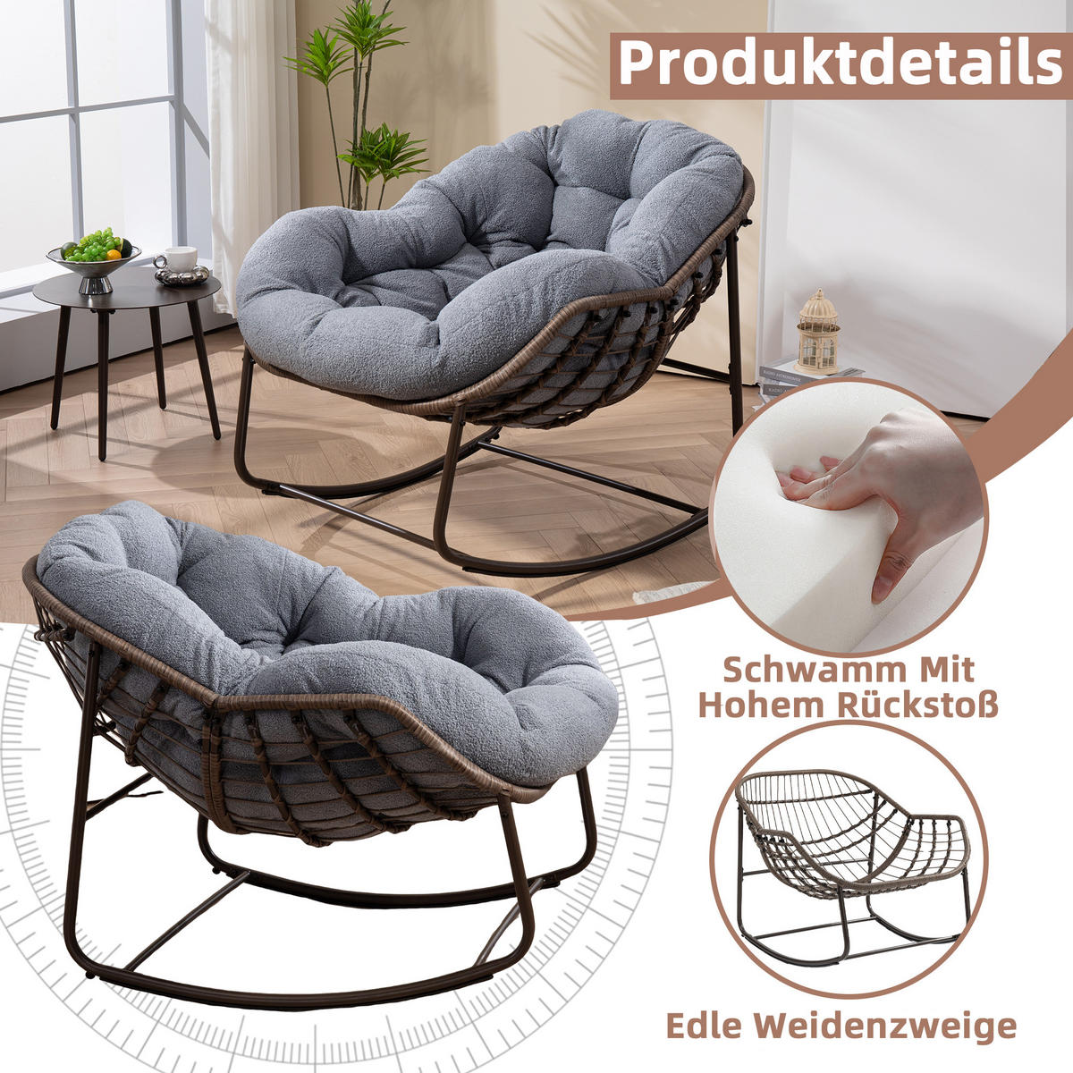 SCHAUKELSTUHL Schaukelsessel Garten,Rattanstuhl mit Stahlrahmen,Grau-Fleece - Grau, Metall (94.5/80/111cm) - LVHOM