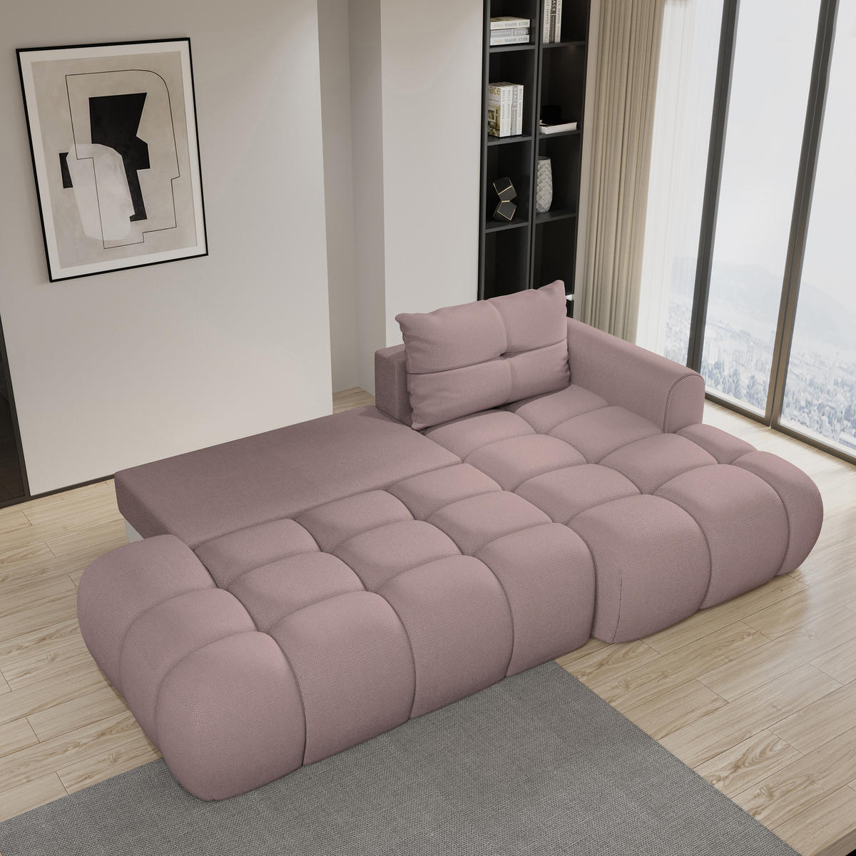 ECKSOFA FLUMA R-S Rosa Geflochtener Stoff mit Schlaffunktion - Rosa, Holz (274/165cm) - MASSENO