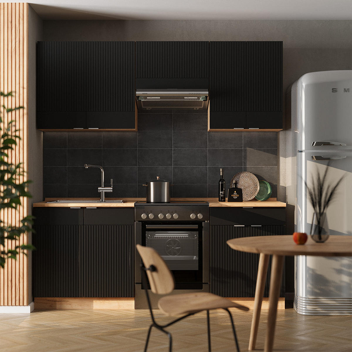 KÜCHENZEILE Fame-Line, Schwarz gestreift/Goldkraft Eiche, 200 cm ohne Arbeitsplatte - Honigeiche/Schwarz, Holzwerkstoff (200/81.6/46cm) - Vicco