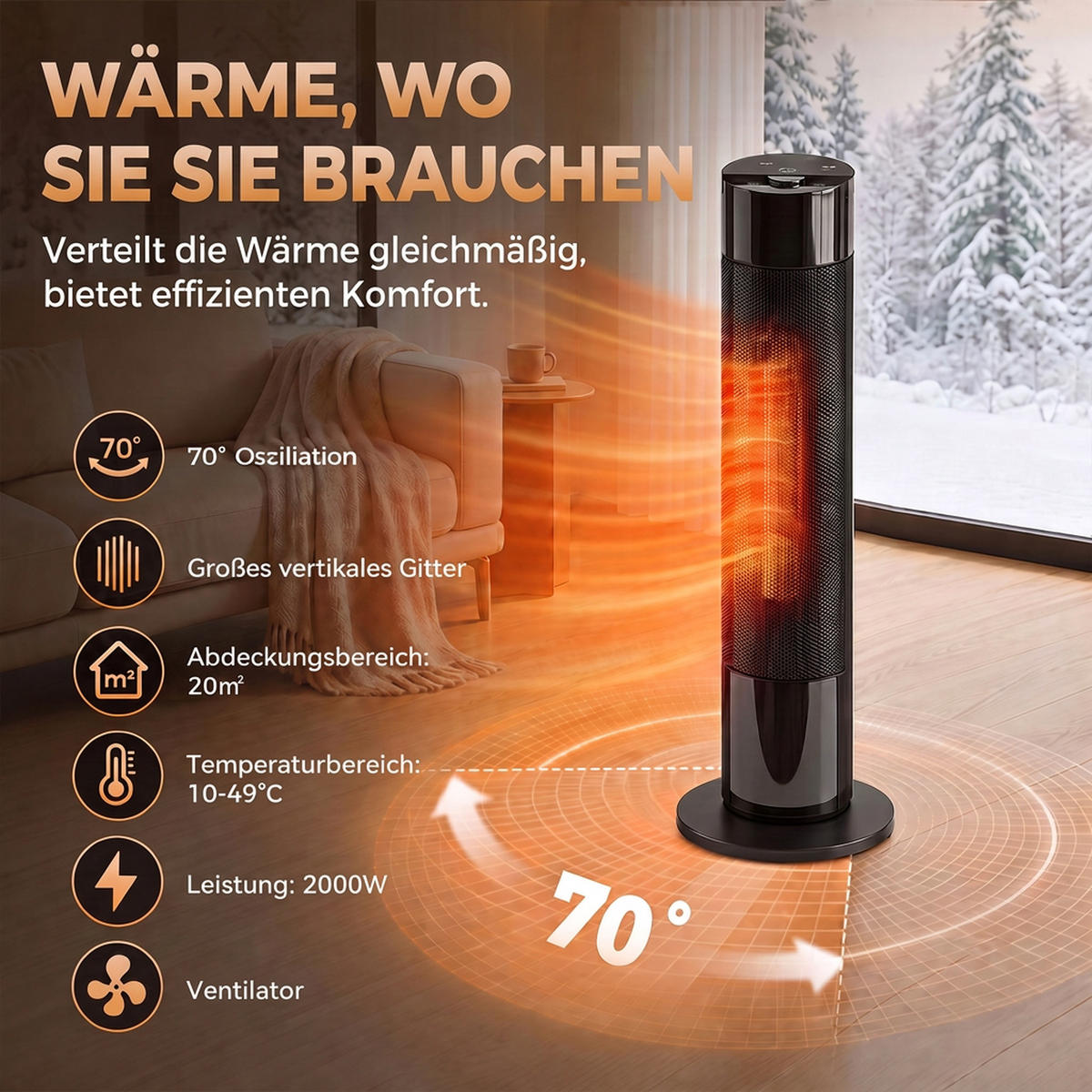 STANDHEIZER ABS Keramik Schwarz - Schwarz, Kunststoff (30.5/86/30.5cm) - HOMCOM