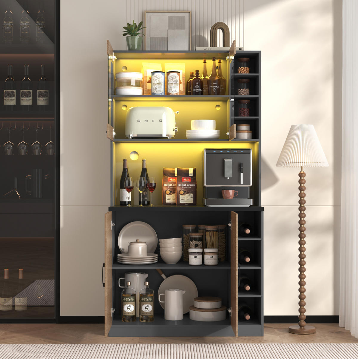 KÜCHENSCHRANK mit LED 100 x 47 x 187 cm Grau/Natur - Grau, Holzwerkstoff (47/187/100cm) - Meubliv