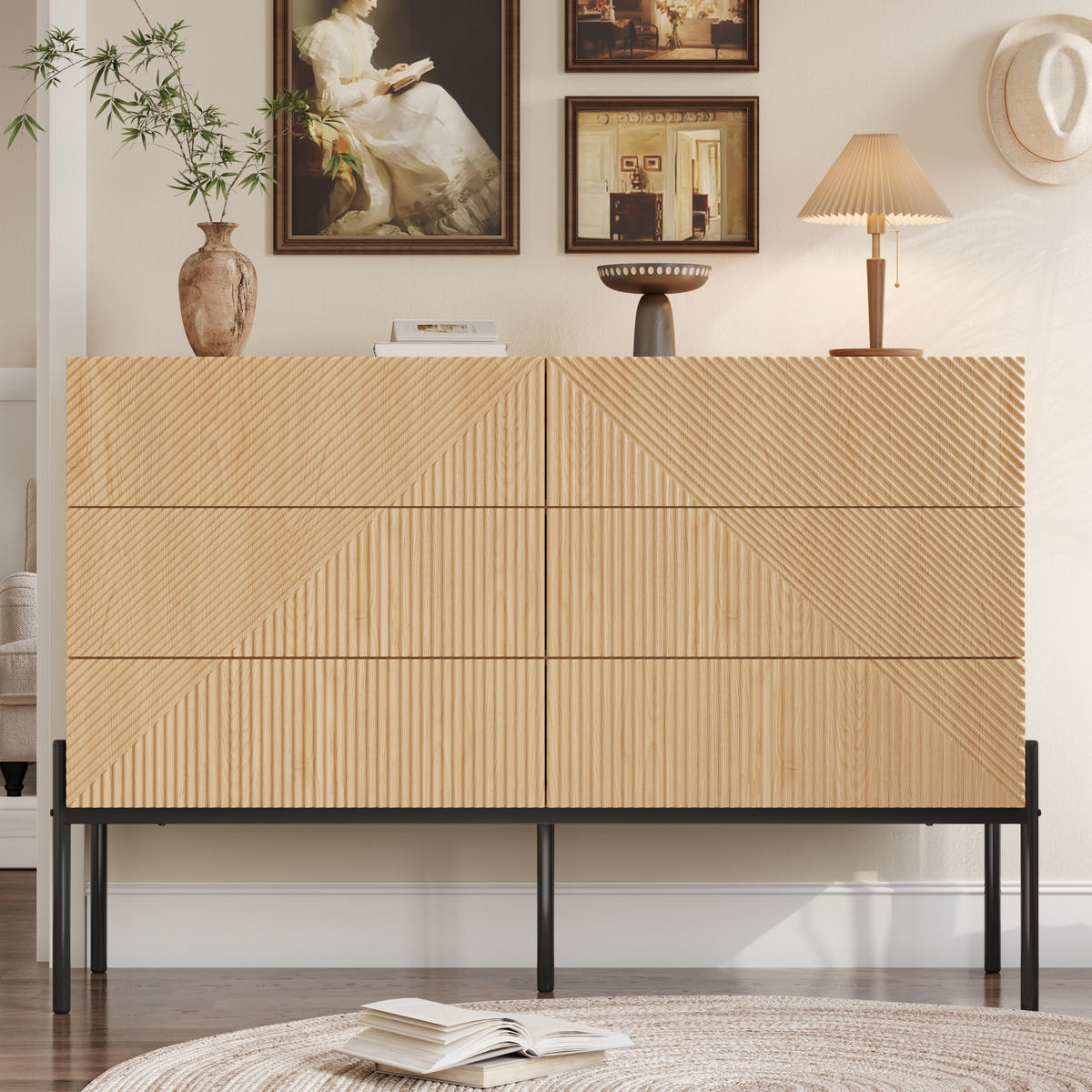 SIDEBOARD 6 Schubladen 3D Struktur - Naturfarben, Holz (115.5/75/38cm) - LEBENLANG