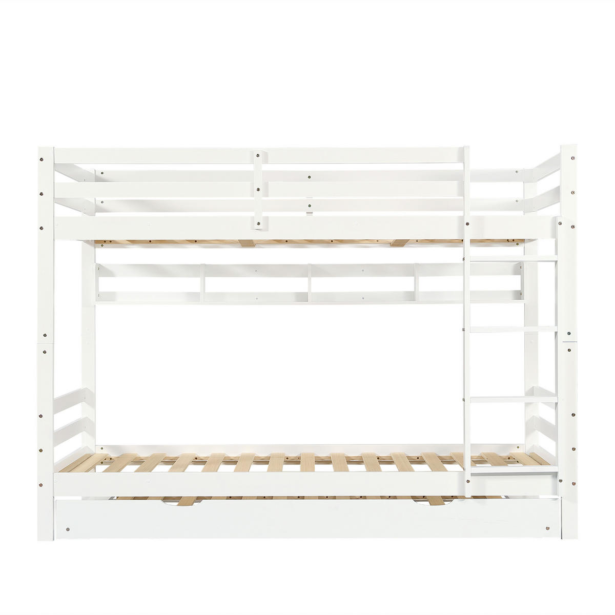 ETAGENBETT aus Kiefer & MDF 90x200 cm in Weiß mit Ausziehbett & Regalen - Weiß, Holzwerkstoff (90/200cm) - Modfu