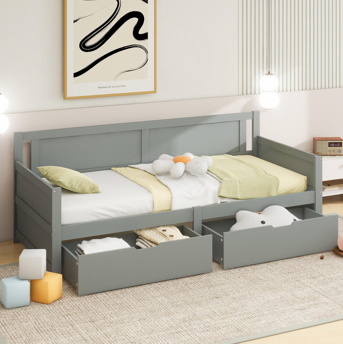 POLSTERBETT aus Massivholz 90x200 cm in Grau mit 2 Schubladen - Grau, Holz (90/200cm) - Modfu