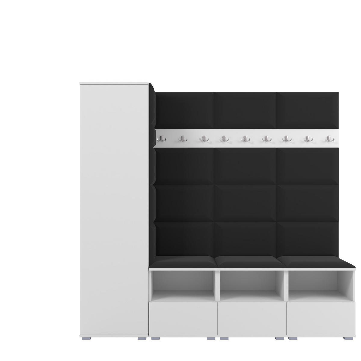 GARDEROBE NELA IX 200 cm (Modulare Flurmöbel Weiß mit Sitzpolster Schwarz 16 Breite Sitzbank) - Silberfarben/Schwarz, Holz/Holzwerkstoff (200/187/40cm) - Ravio