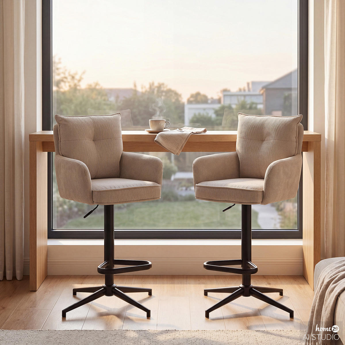 BARSTUHL - 2er-Set - Höhenverstellbar - Cord / Eisen - Cappuccino, Textil/Metall (54/100/58cm) - home24