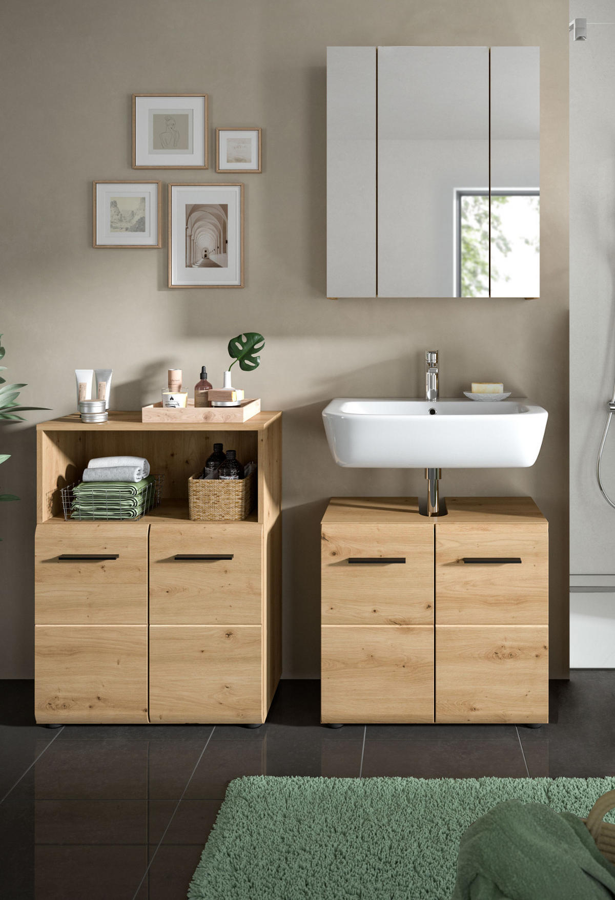 BADMÖBEL-SET 3-teilig Artisan Eiche, Badkombination 135 cm, viel Stauraum, Cover - Schwarz/Eiche Artisan, Glas/Holzwerkstoff (135/185/185cm) - Inn.Furn