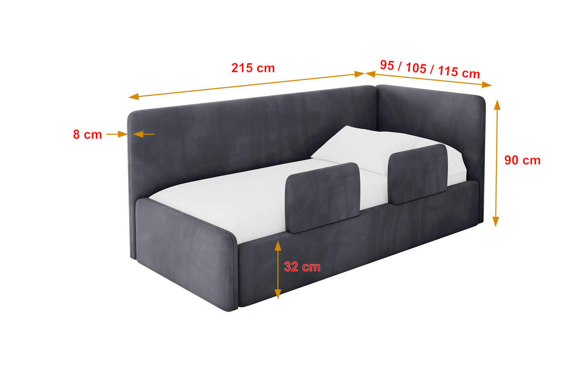 EINZELLBETT Jugendbett mit Bettkasten, Links - NORY 80x200 Dunkelgrau - Dunkelgrau, Holzwerkstoff/Textil (80/200cm) - ALTDECOR