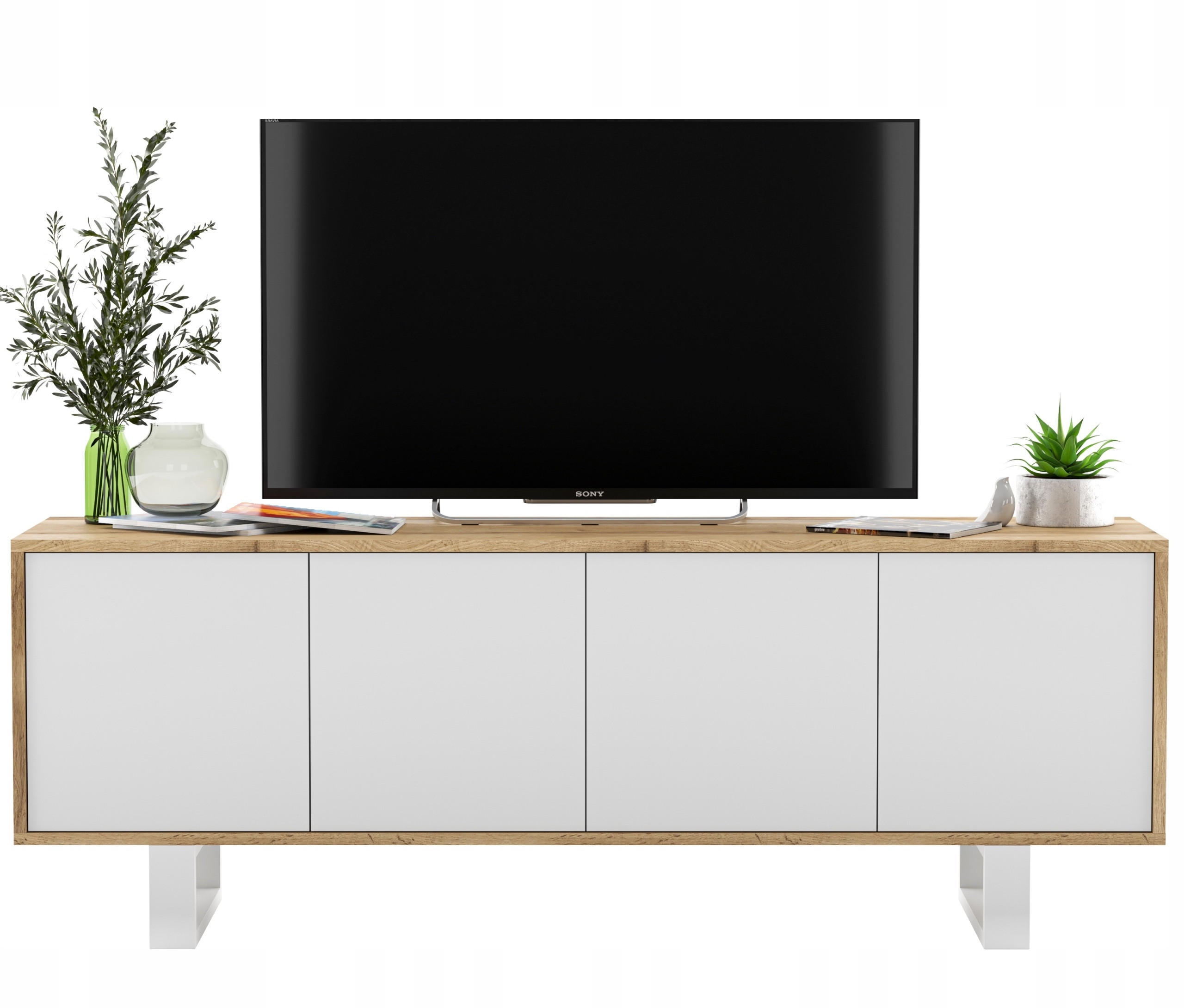 Meble Lindner TV stolek Apollo2 dub Wotan / bílá matná 150 cm s kovovými nohami