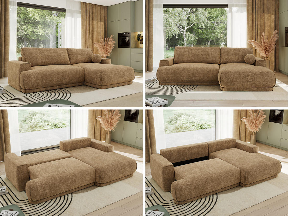 ECKSCHLAFSOFA RINA L Hellbraun Schenille grob gewebt - rechts - Hellbraun/Schwarz, Kunststoff/Textil (170/267cm) - MKS