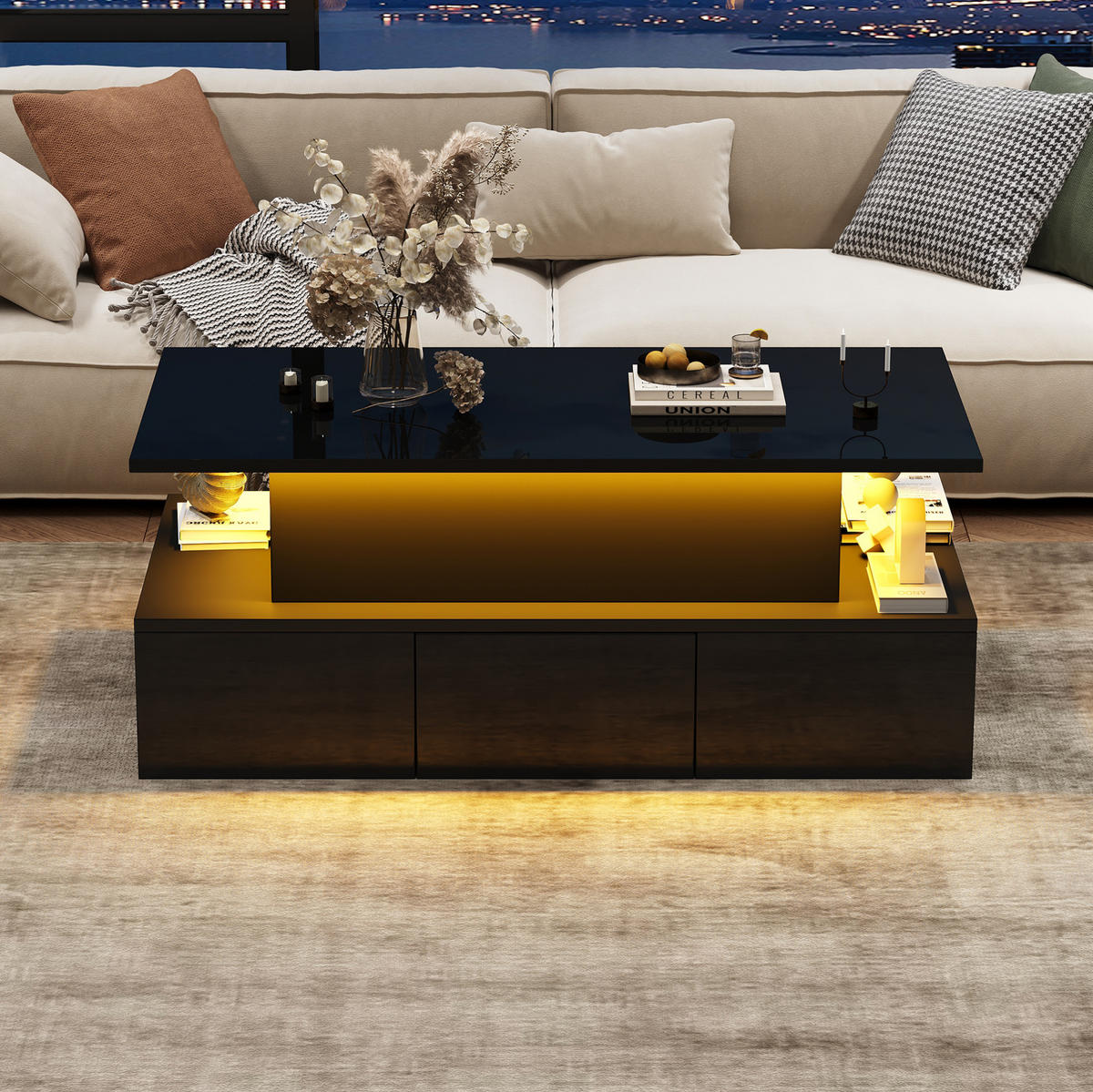COUCHTISCH 100/50/40 cm mit Liftfunktion, LED, 4 Schubladen und verstecktem Stauraum, Schwarz - Eichefarben, Holzwerkstoff (100/50/40cm) - Modfu