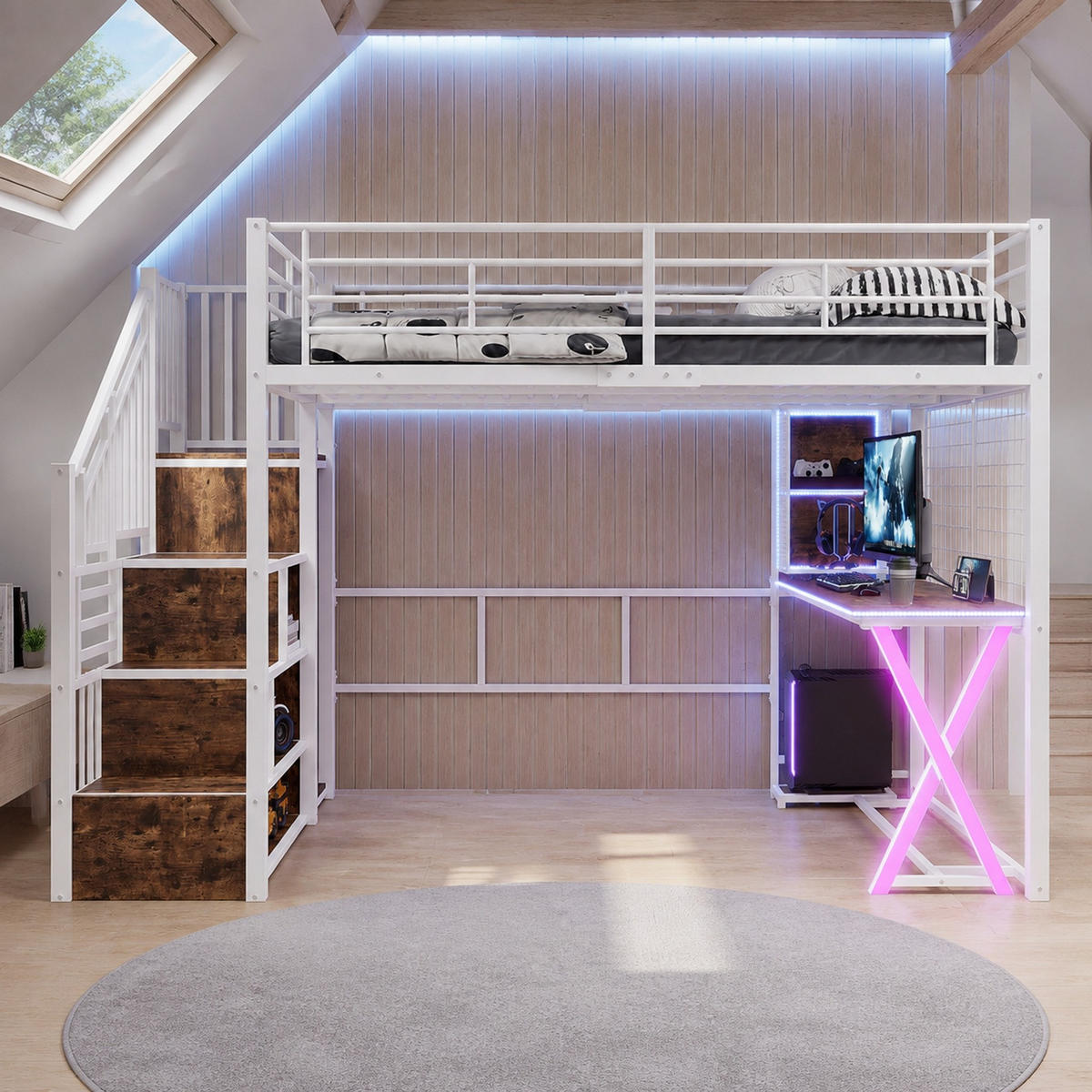 HOCHBETT 140/200 mit LED Schreibtisch Kleiderschrank und Regalen in Weiß - Weiß, Holz/Holzwerkstoff (140/200cm) - EVRYAE