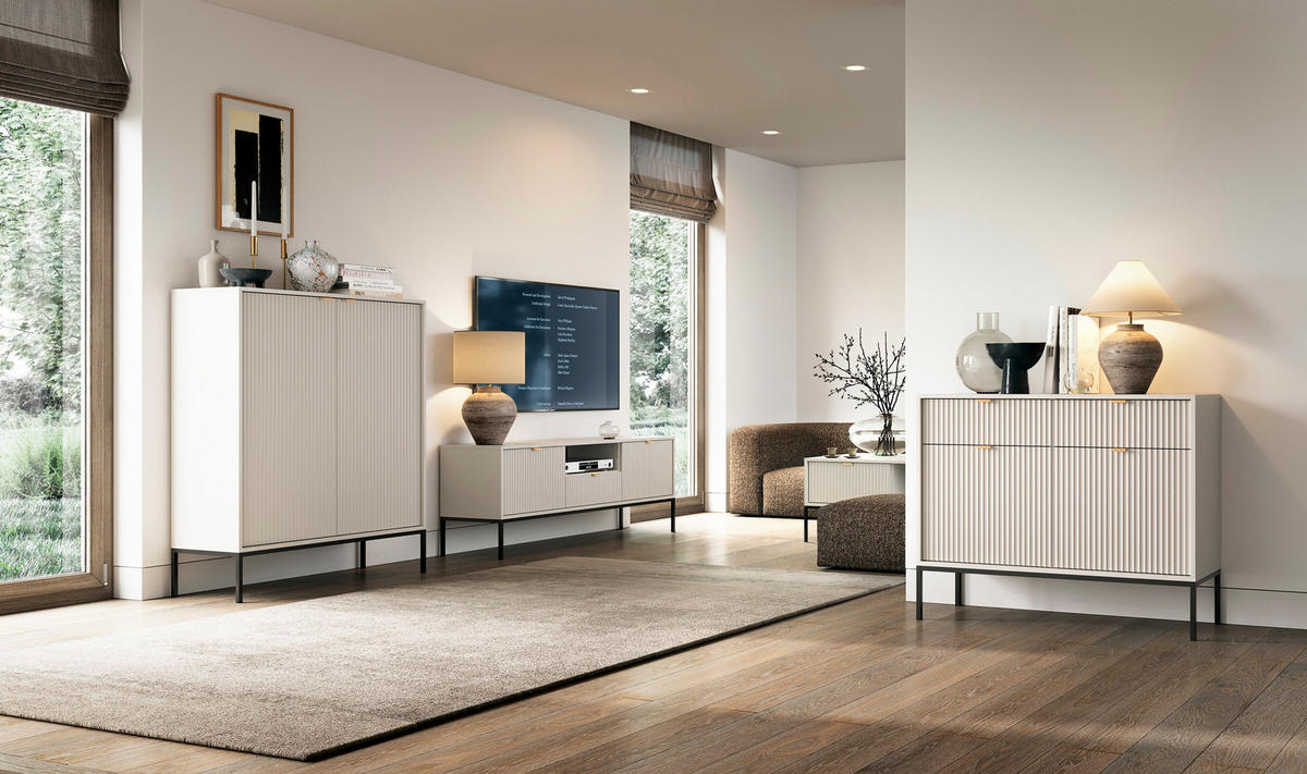 KOMMODE: 2 Schubladen, 2 Türen, Kaschmir, Schwarz, 104 x 83 x 39 cm, goldene Griffe - Beige/Schwarz, Holzwerkstoff/Metall (104/83/39cm) - 3XE LIVING