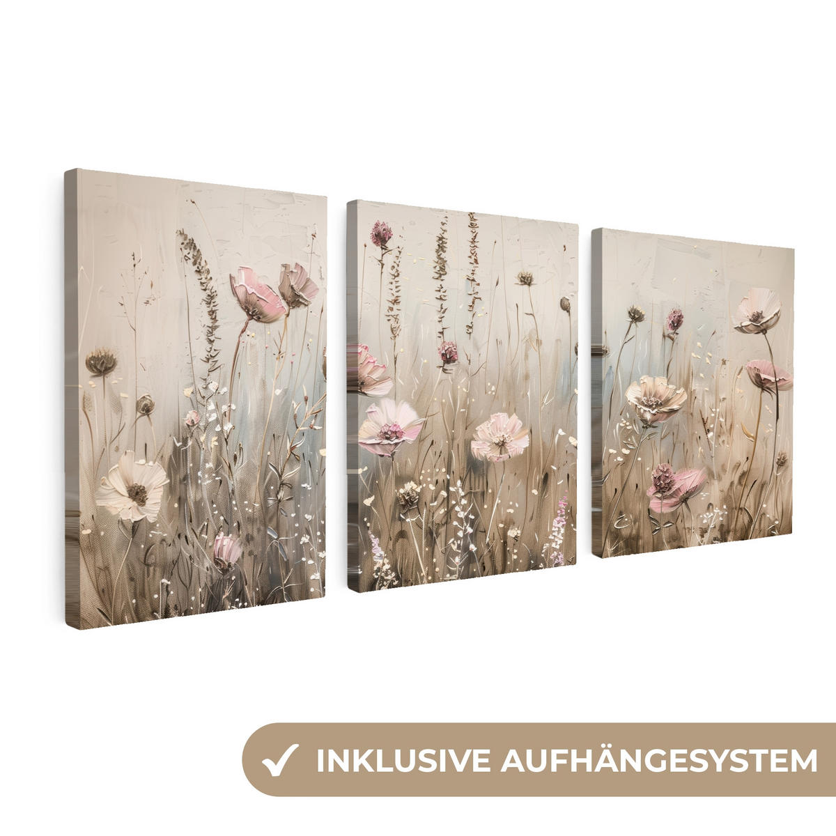 LEINWANDBILD 3er Set Blumen - Beige - Modern - Rosa 180x80 cm - Ecru, Textil (180/80cm) - MuchoWow