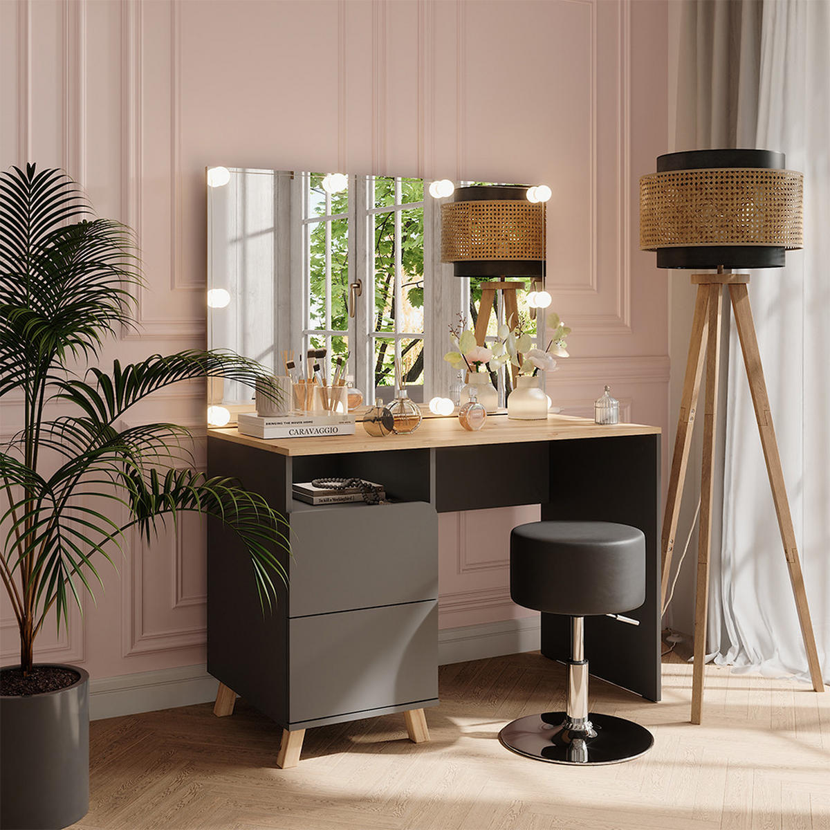 SCHMINKTISCH Karen Anthrazit/Artisan 110 cm mit Hocker und LED-Lichterkette - Anthrazit/Eiche Artisan, Holzwerkstoff (110/75/55cm) - Vicco