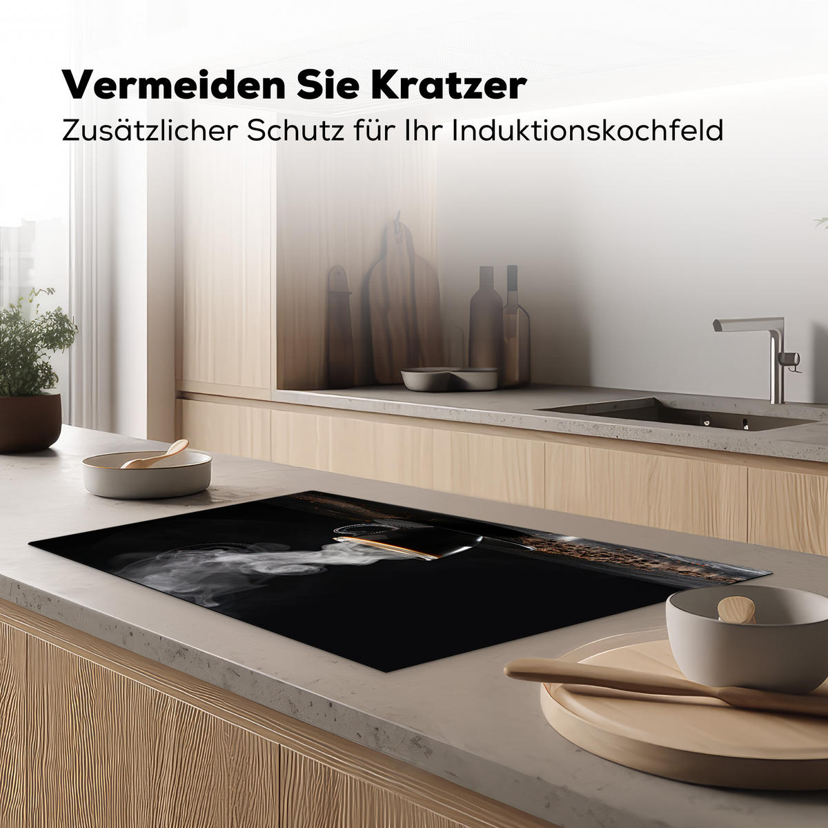 HERDABDECKPLATTE Kaffee - Schwarz - Bohnen - Heiß - Tasse Ceranfeldabdeckung 85x52 cm - Schwarz, Kunststoff (85/52/0.2cm) - MuchoWow