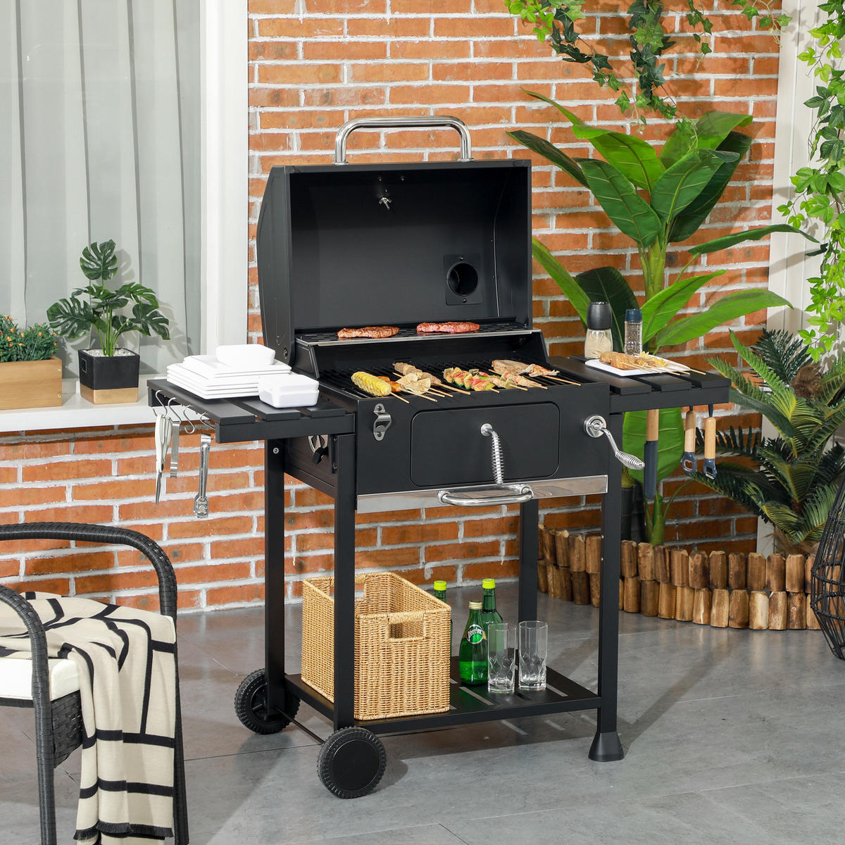 HOLZKOHLEGRILL - Schwarz, Metall (64/114/120cm) - Outsunny