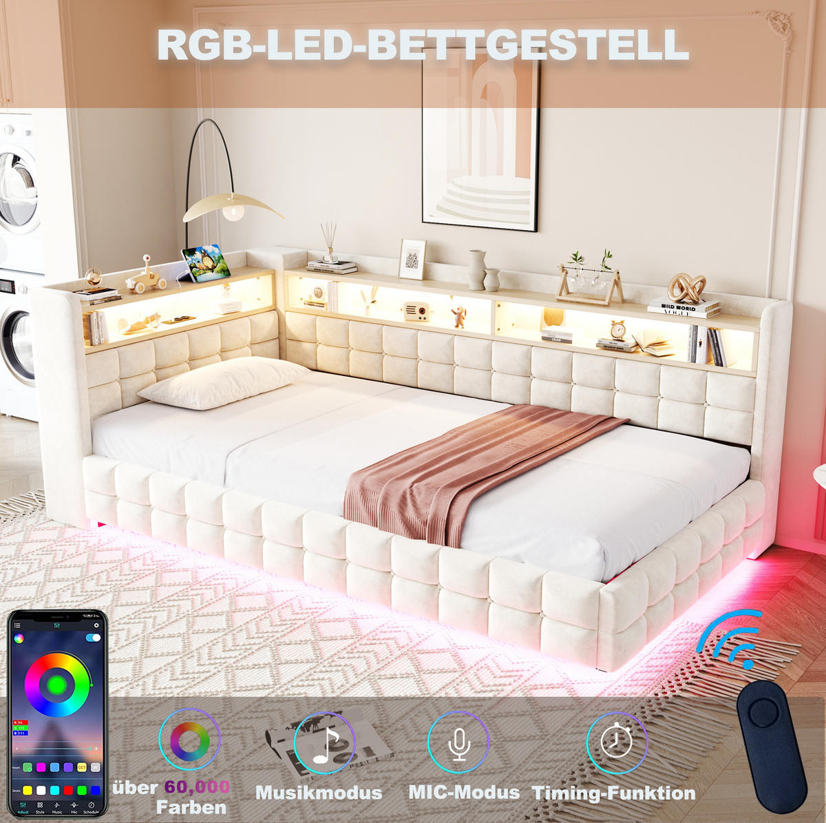 POLSTERBETT 90/200 cm mit LED-Beleuchtung, USB-, Typ-C-Anschluss, Steckdose, Bettkasten und Holzregalen, Samt Beige - Beige, Textil (90/200cm) - Redom