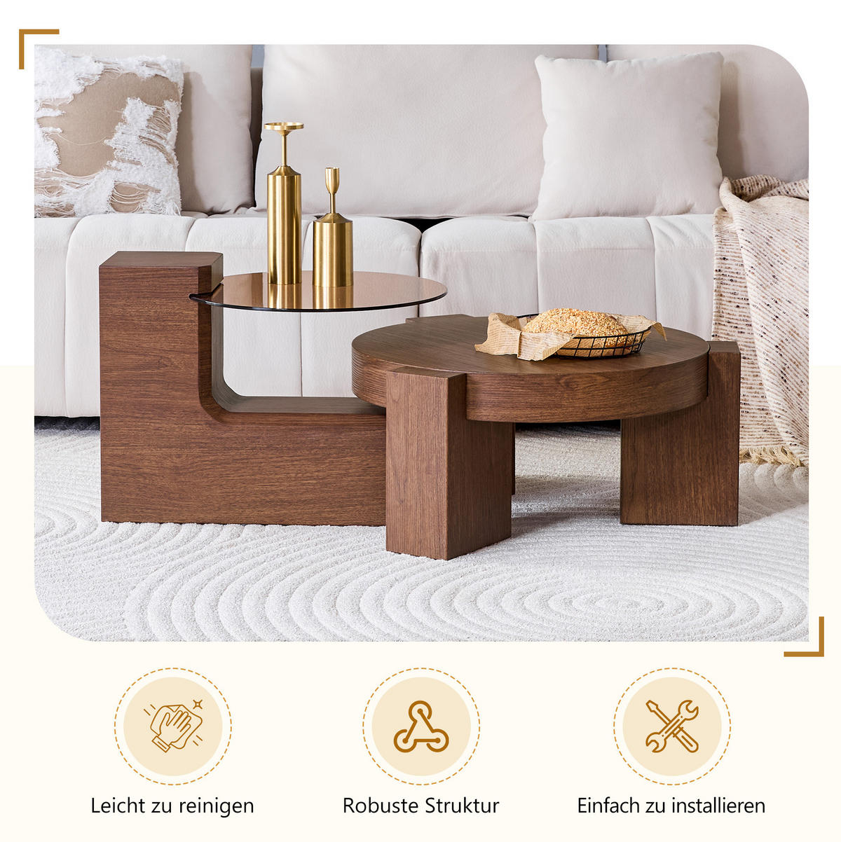 COUCHTISCH-SET 61/61/30 cm mit integriertem Beistelltisch und 2 Ebenen, Nussbaumoptik/Braun - Walnussfarben, Holzwerkstoff (61/61/30cm) - Redom
