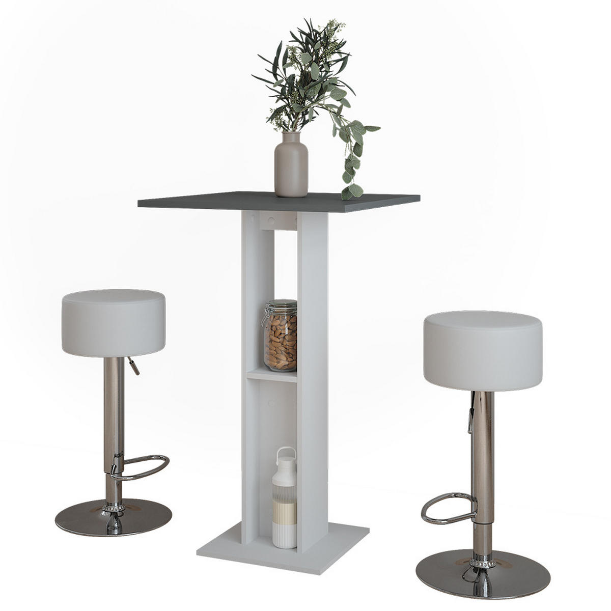 BARTISCH-SET Repose Weiß/Anthrazit 65 x 65 cm mit 2 Barhockern - Anthrazit/Weiß, Holzwerkstoff (65/65/106cm) - Vicco