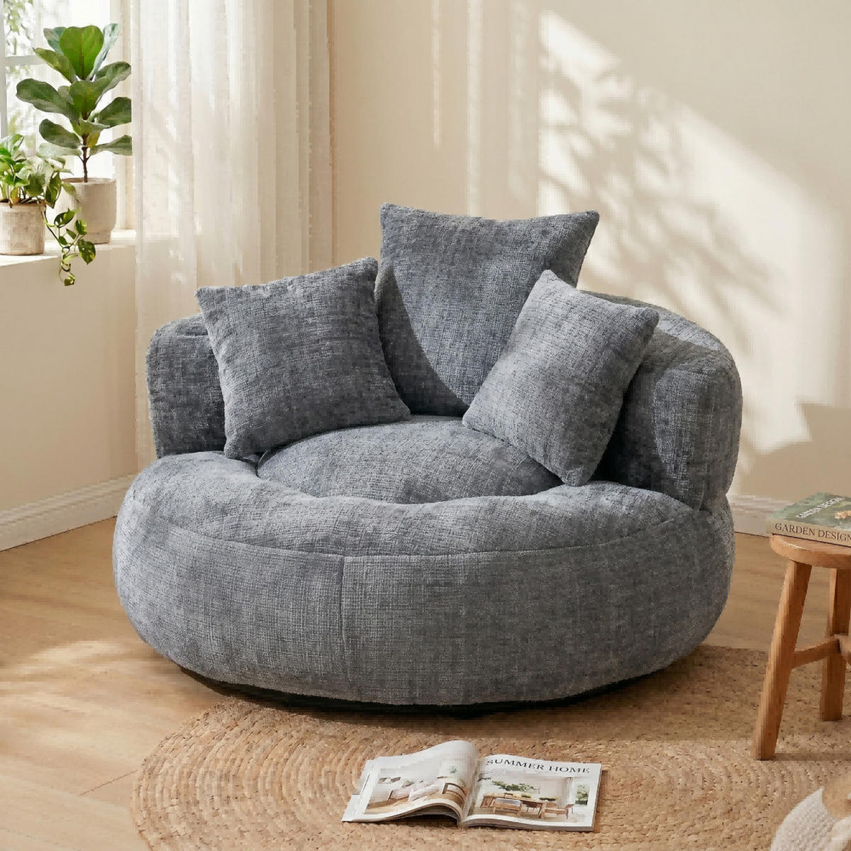 SITZSACK Chenille, Sofa mit 3 extra Kopfkissen,Chenille,Grau - Grau, Textil (108/52/108cm) - LVHOM