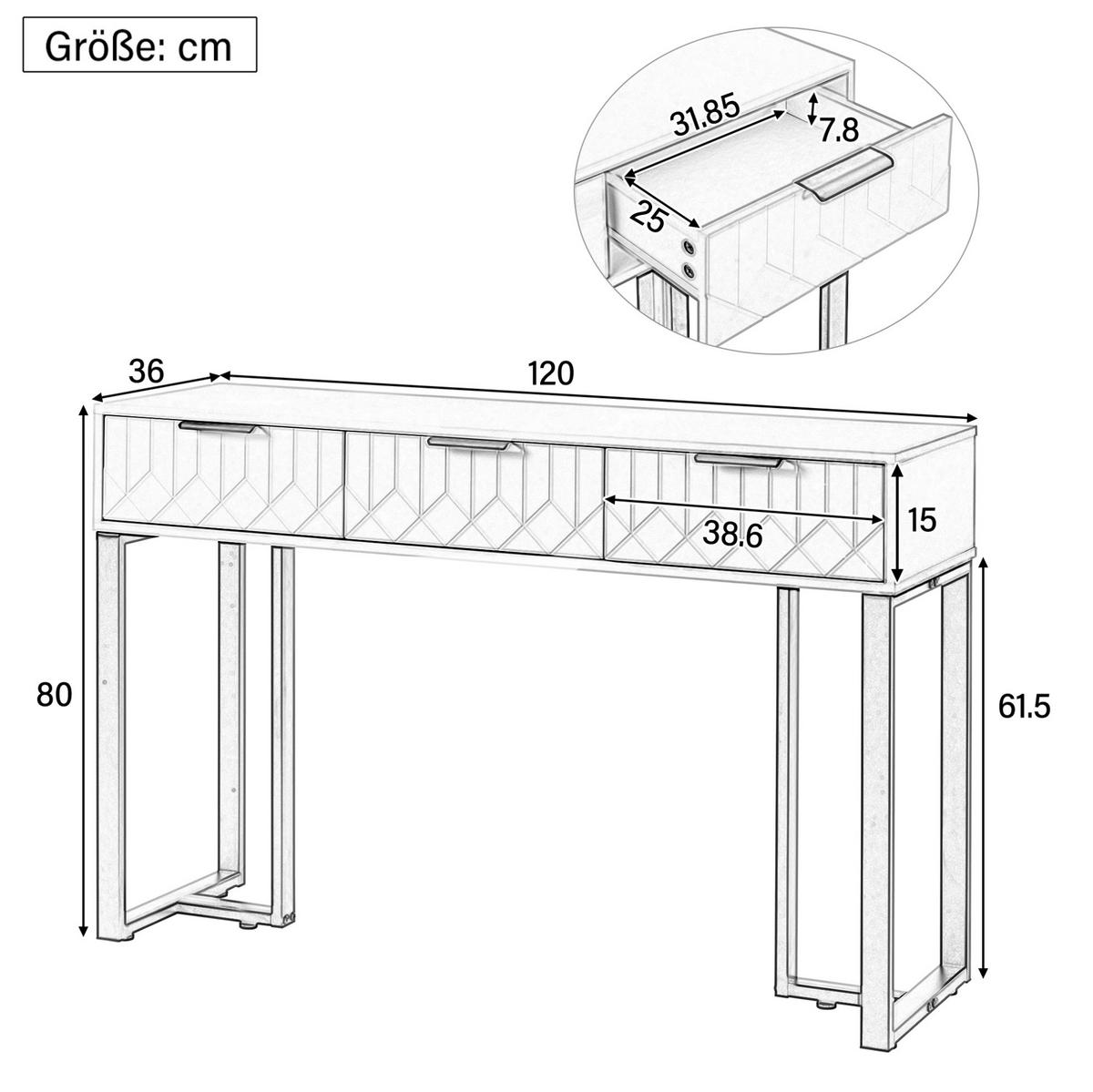 KONSOLENTISCH aus MDF 120x36x80 cm Schwarz/Weiß mit 2 Schubladen, goldfarbenem Metallgestell und verstellbaren Fußpolstern - Schwarz, Holzwerkstoff (36/120/80cm) - Modfu