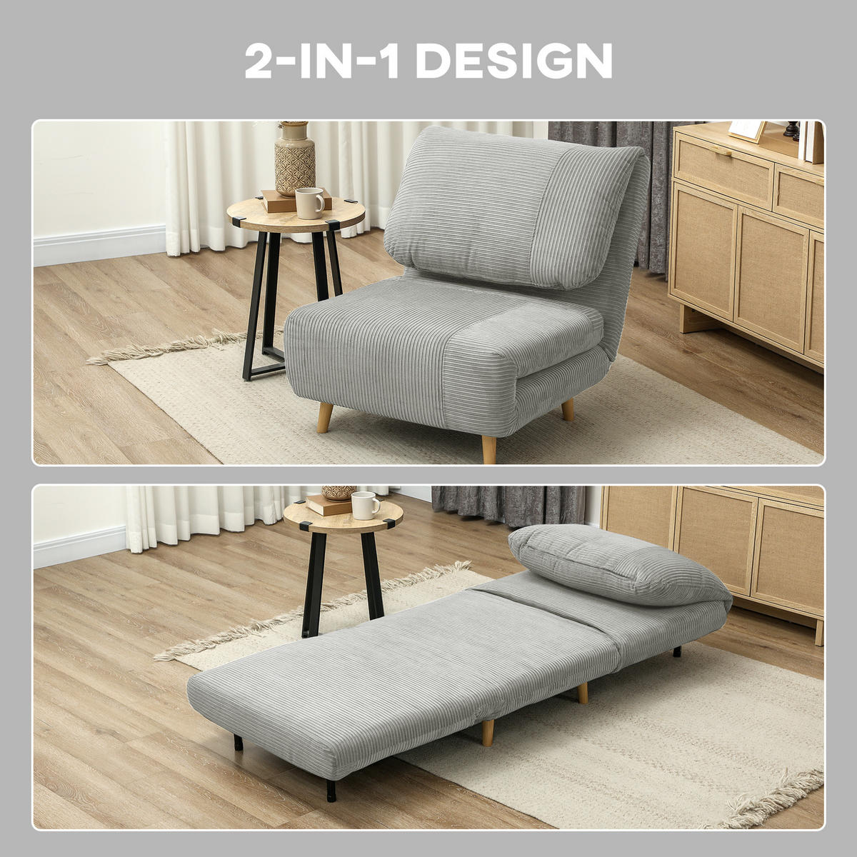 2-IN-1 Schlafsofa Schlafsessel Klappmatratze Gästebett Klappbett Grau - Naturfarben/Grau, Holz/Textil (89/83/82cm) - HOMCOM