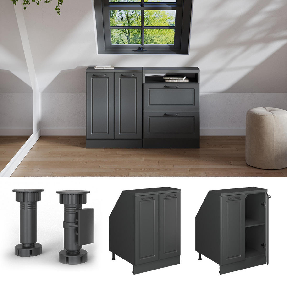 DACHSCHRÄGENSCHRANK Rion Anthrazit Landhaus 60 x 81.6 cm mit 2 Türen, Schrankkorpus 60 cm Tiefe - Anthrazit, Holzwerkstoff (60/83.8/60cm) - Vicco