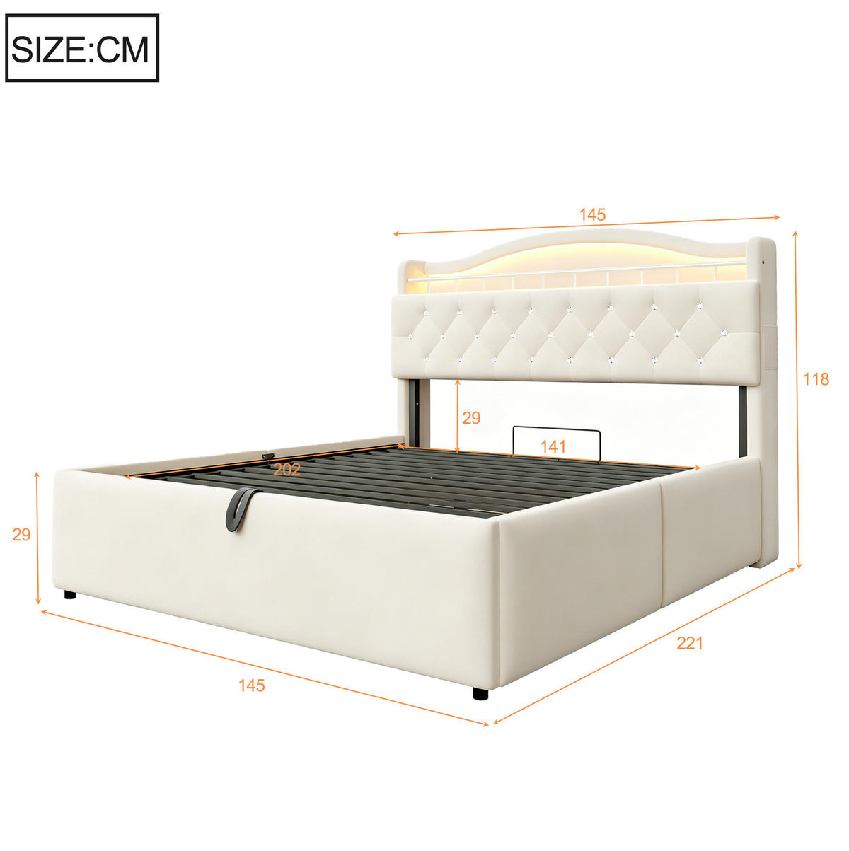 POLSTERBETT 140x200 cm in Beige mit hydraulischem Bettkasten, LED und USB-C - Beige, Textil (140/200cm) - IVMEU