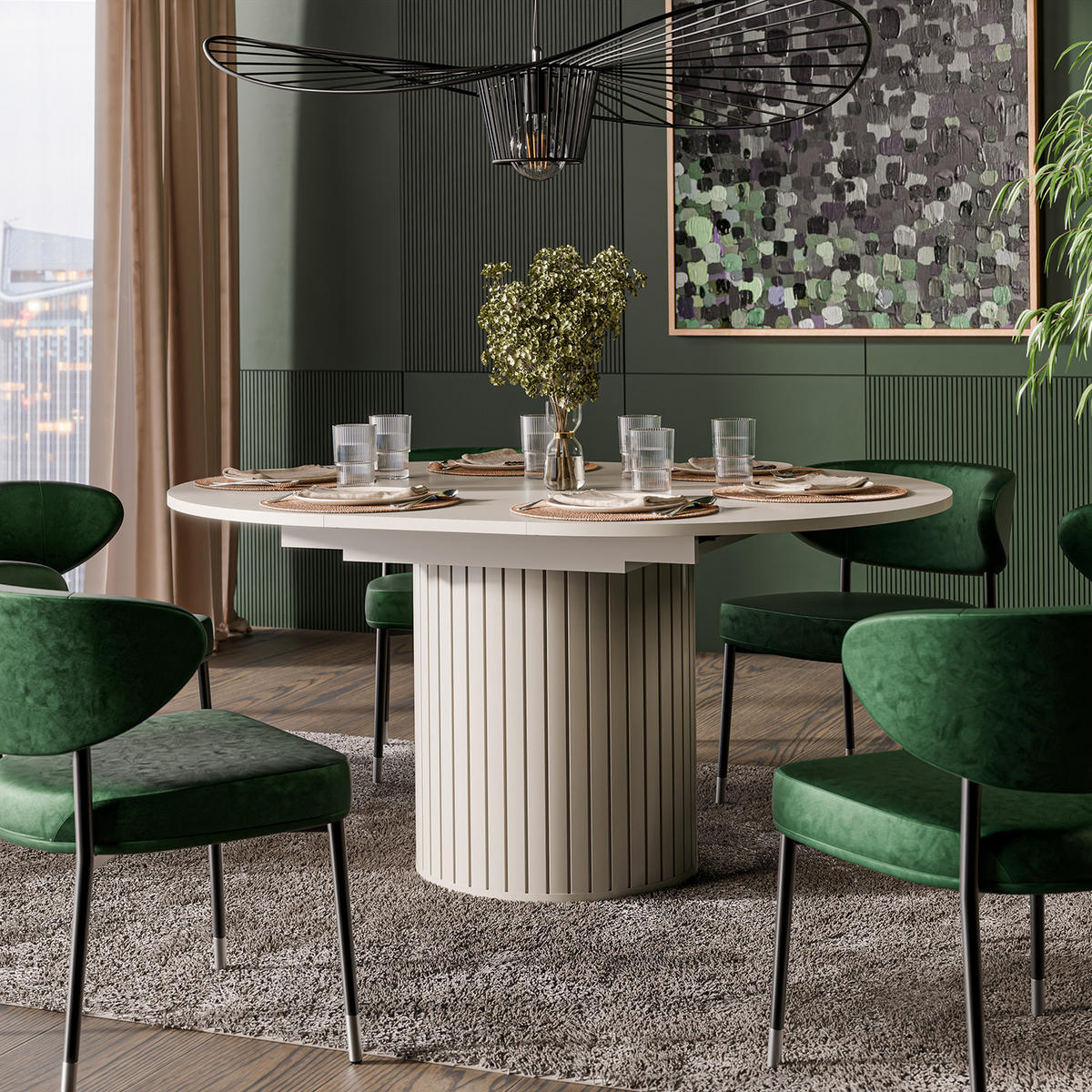 ESSTISCH Zalia 120–160 cm ausziehbar mit geriffeltem Säulenfuß, im Retro-Stil, Kaschmir - Kaschmir, Holzwerkstoff (120/120/77cm) - Beautysofa