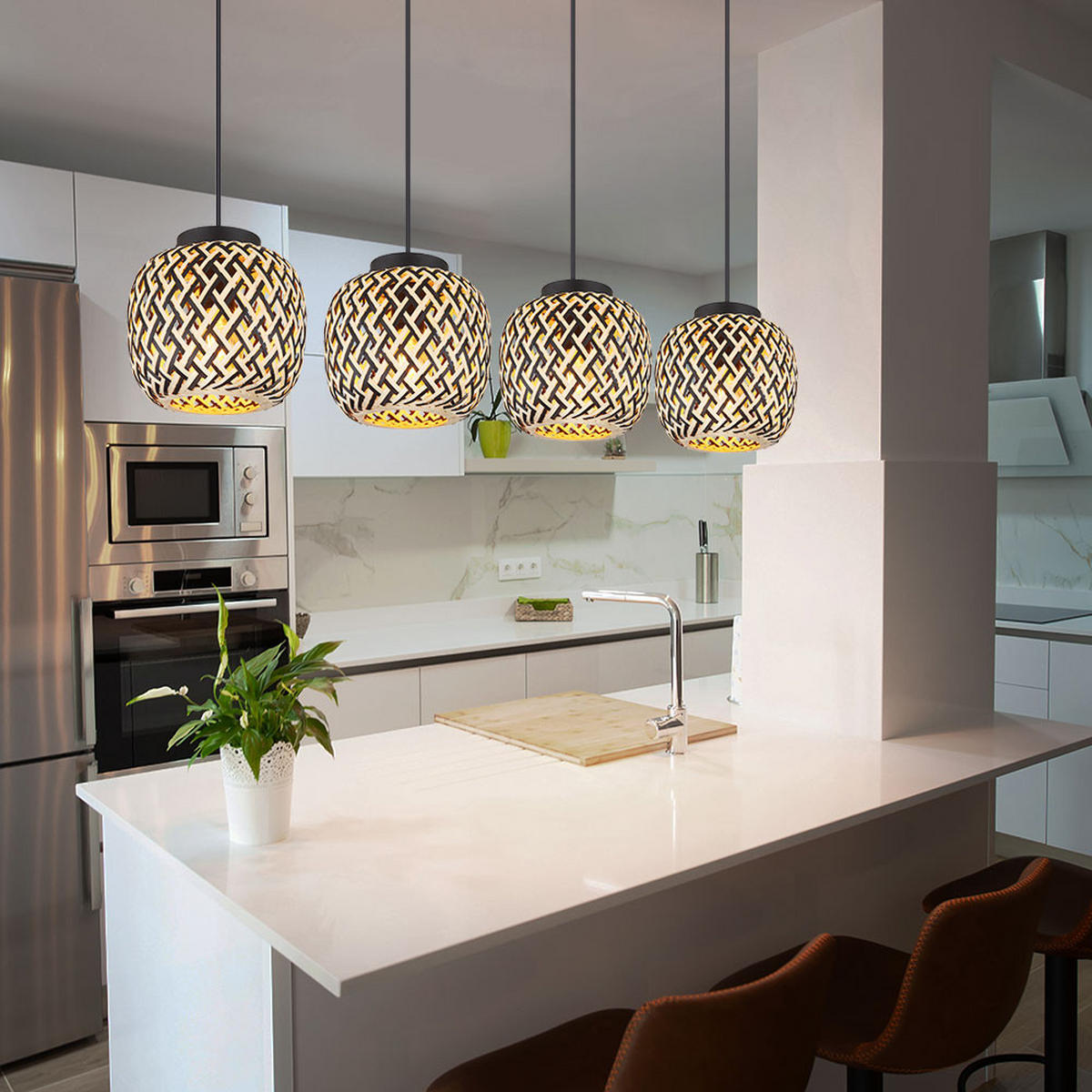 LED HÄNGELEUCHTE Metall Braun Bambus 4-flammig - Braun, Metall (100/20/120cm) - Globo Lighting