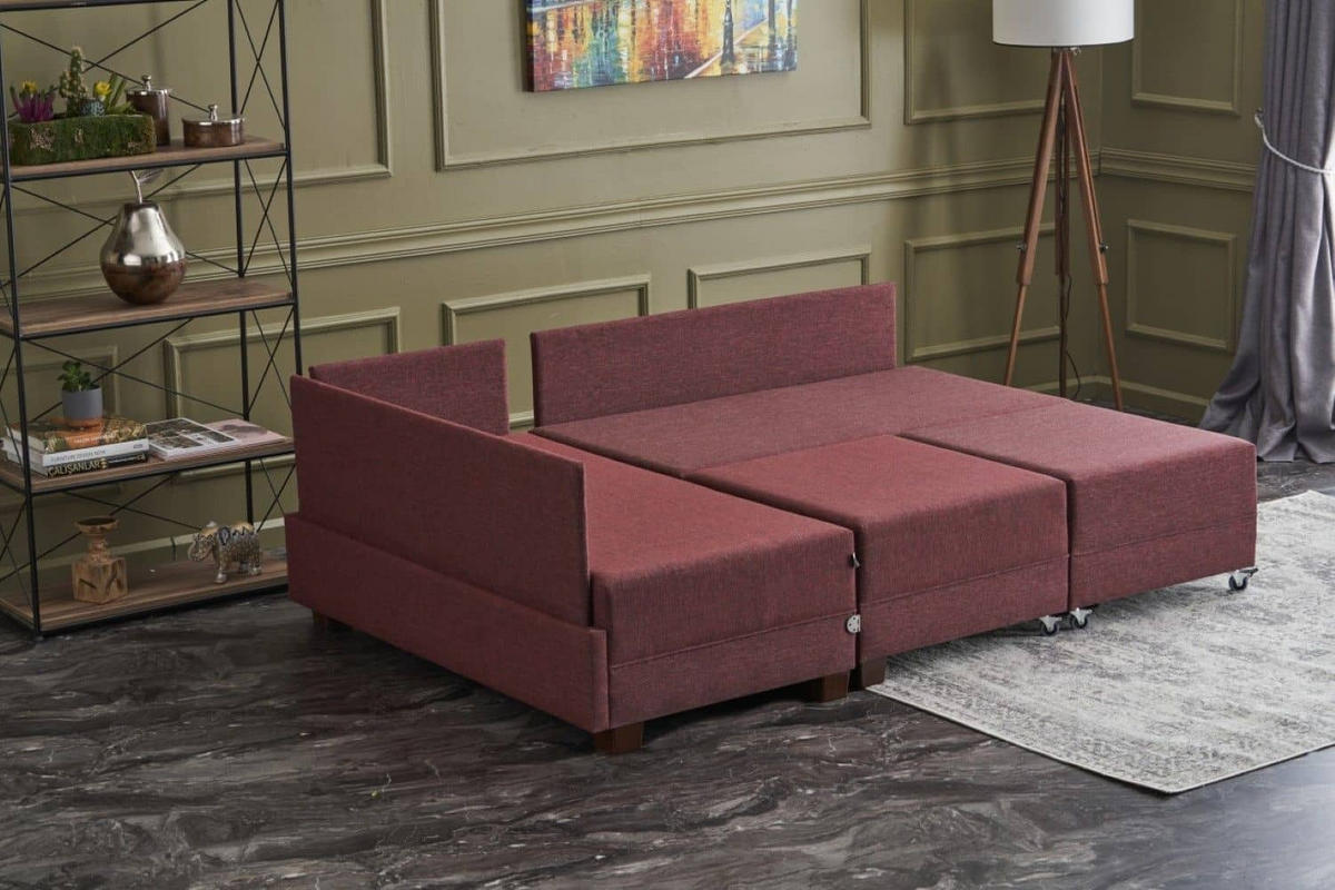 ECKSOFA mit rollbarer Schlaffunktion - Rot/Walnussfarben, Holz/Textil (280/210cm) - myHomelando