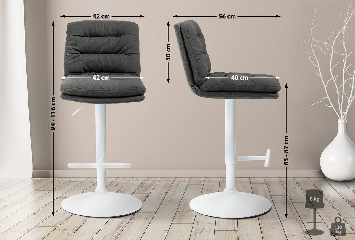BARHOCKER Diamant Stoff weiß dunkelgrau - Dunkelgrau/Weiß, Textil/Metall (42/116/56cm) - TPFLiving