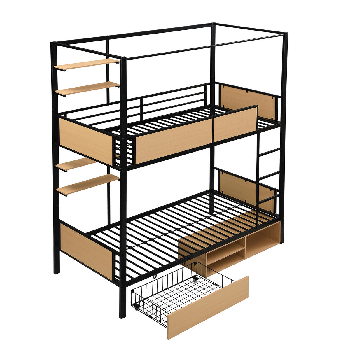ETAGENBETT 90/200 cm schwarz und natur aus Metall mit Stauraum - Schwarz, Holzwerkstoff (90/200cm) - OKWISH