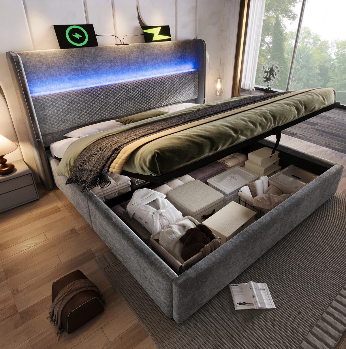 BETT mit Stauraum 160x200 cm Leinen Grau inkl. Matratze - Grau, Metall (160/200cm) - Meubliv