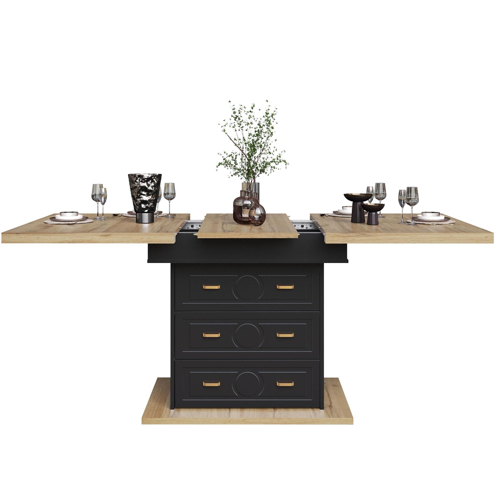 OKWISH JÍDELNÍ stůl 110-140/80/75 cm v dekoru přírodního dřeva z MDF a kovu rozkládací s úložným prostorem