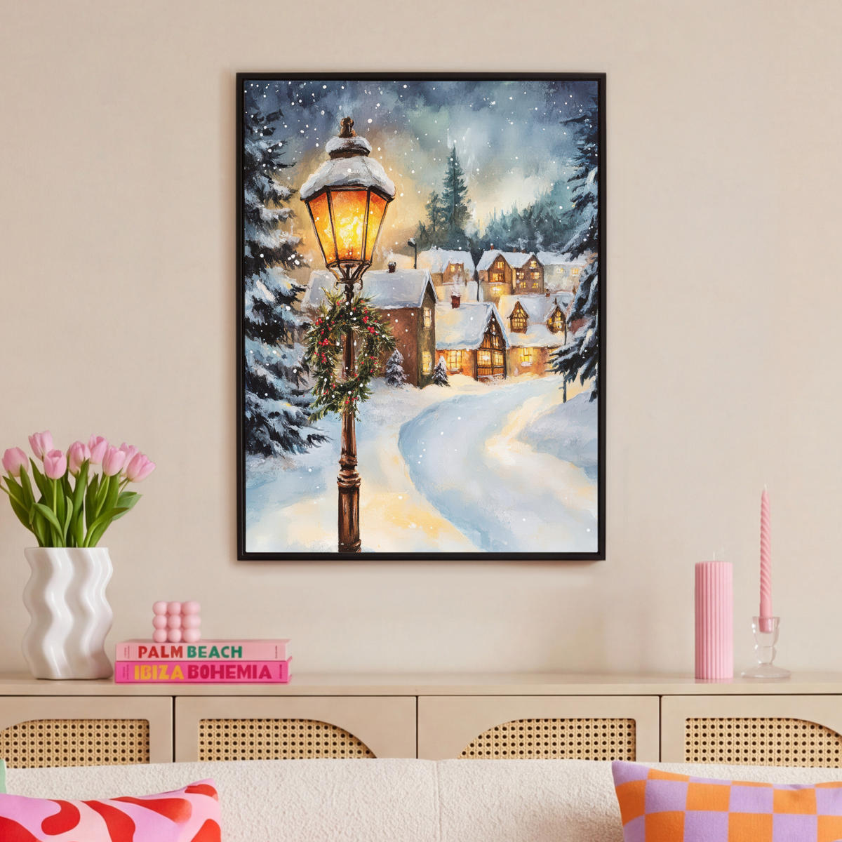 LEINWAND Bilder mit Rahmen - Weihnachtsdorf - Häuser - Schnee - Weihnachten - 70x100 - Sandfarben, Textil (70/100cm) - MuchoWow