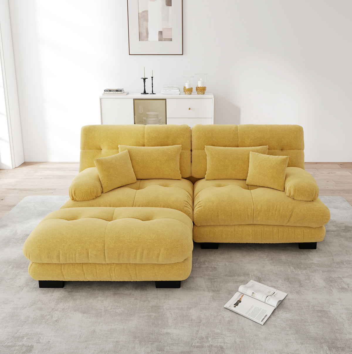 ECKSOFA 220/145/81 cm gelb aus Chenille mit Ottomane und Kissen - Gelb, Textil (145/220cm) - OKWISH
