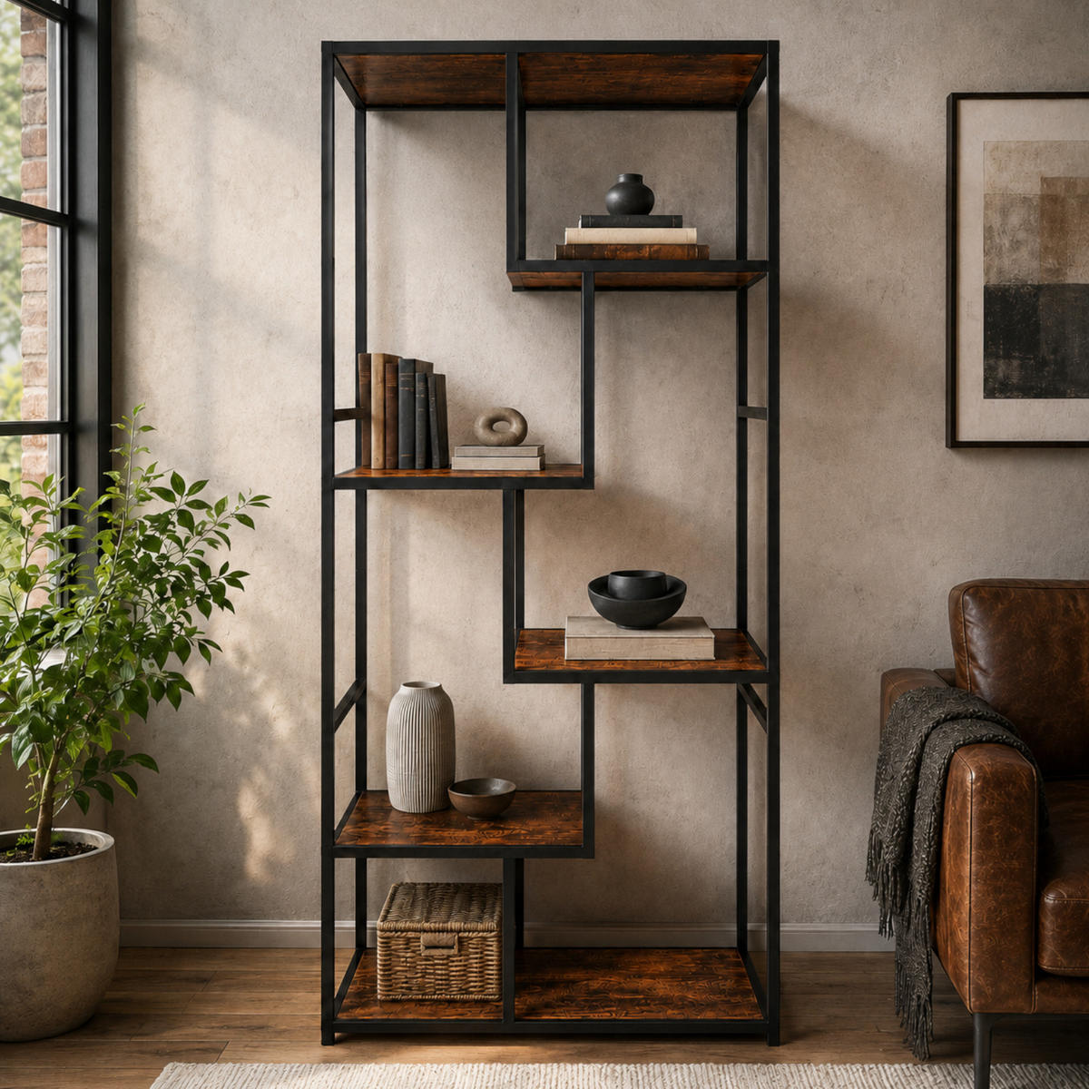 REGAL Holzoptik Metall Dunkelbraun Schwarz asymmetrisch 75x30x155 cm - Dunkelbraun/Schwarz, Holzwerkstoff/Metall (75/155/30cm) - Begryf